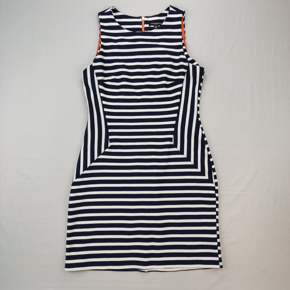 Sharagano Dress Womens 12 Navy Blue White Striped Sheath Orange Zipper Sleeveles